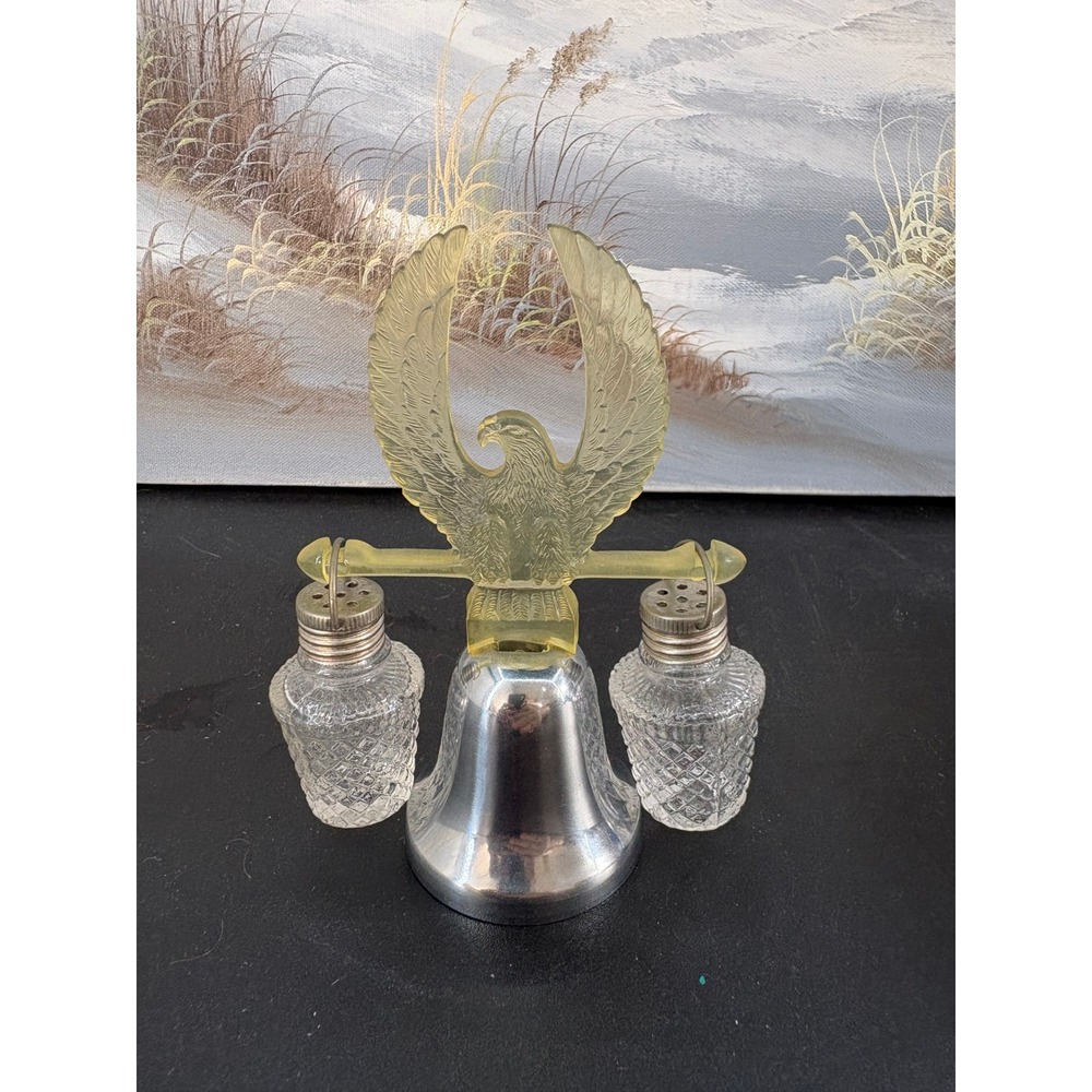 Vintage Eagle Bell Salt and Pepper Shaker Set Chrome Glass Yellow Resin 3pc